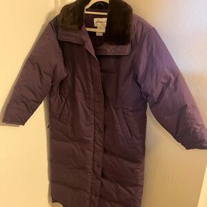 Eddie Bauer Purple Goose Down Long Coat Women's Small Fur Collar